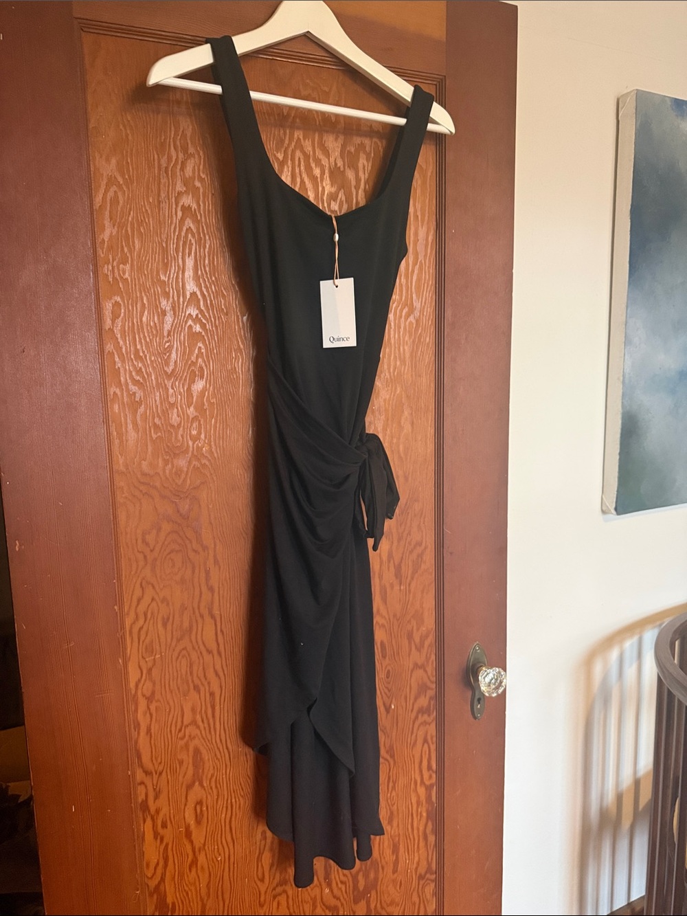 Quince Black Asymmetrical Wrap Midi Dress with Side Tie